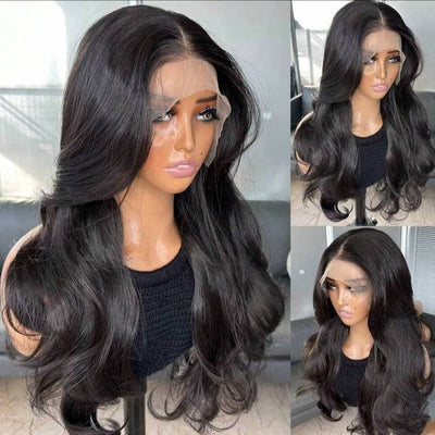 Natural Black Curtain Bangs Human blend Lace Front Wig